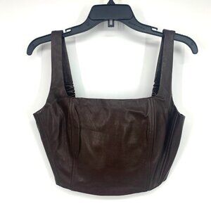 Garota Top Brown Faux Leather Cropped Sleeveless Square Neck